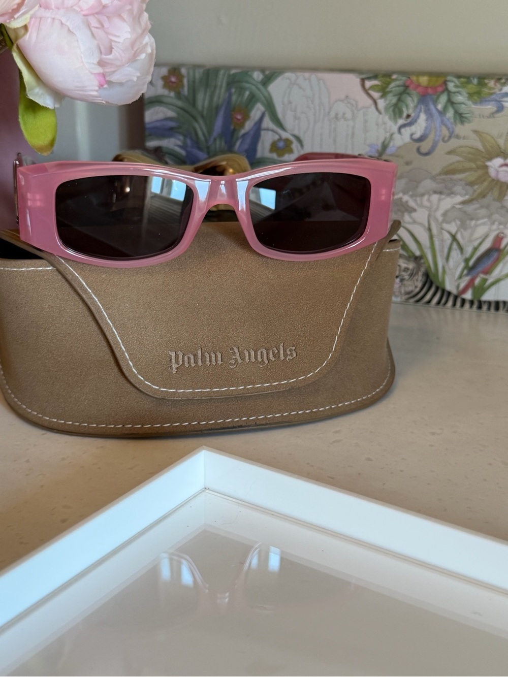 New Palm Angels Bubblegum Pink Rectangular Sunglasses in suede case